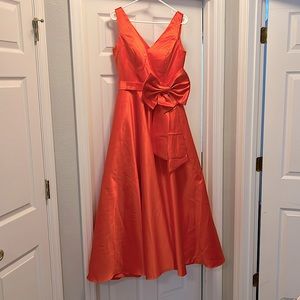 MISSACC- A-Line V-Neck Satin Dress with Bow and Pockets, Papaya Size 10